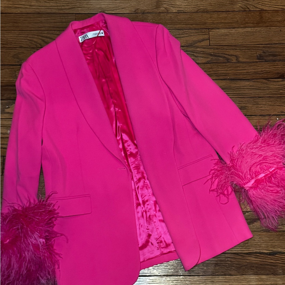 Zara Vibrant Pink Blazer with Feather Cuffs